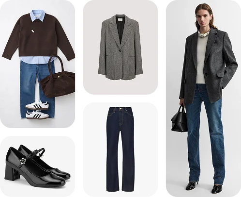 A canvas of saved pieces: a brown jumper over a blue shirt with jeans, a bag and trainers, a grey blazer, dark jeans, black Mary Janes, and the whole look worn