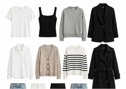 A capsule wardrobe grid: a white tee, black tank, grey knit and black blazer over a white shirt, beige cardigan, striped knit, trench coat and jeans
