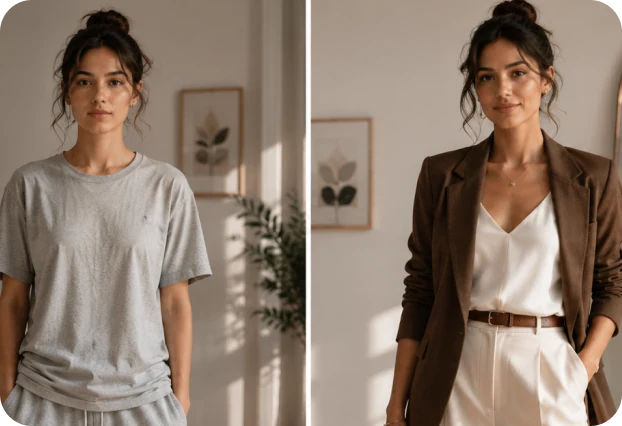 The same person in a plain grey tee, then in a brown blazer and cream trousers