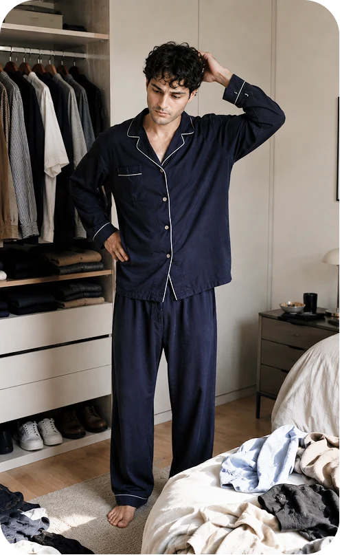 A man by an open wardrobe in navy pyjamas, clothes heaped on the bed