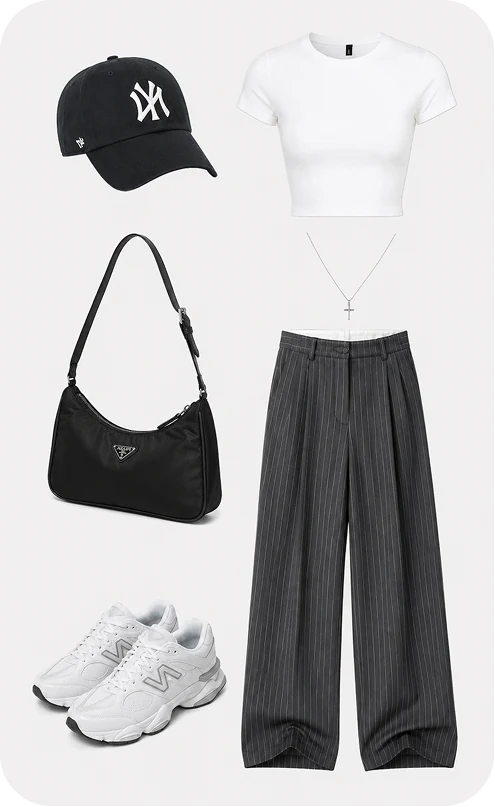 A flat lay of a cap, white tee, shoulder bag, pinstripe trousers and white trainers