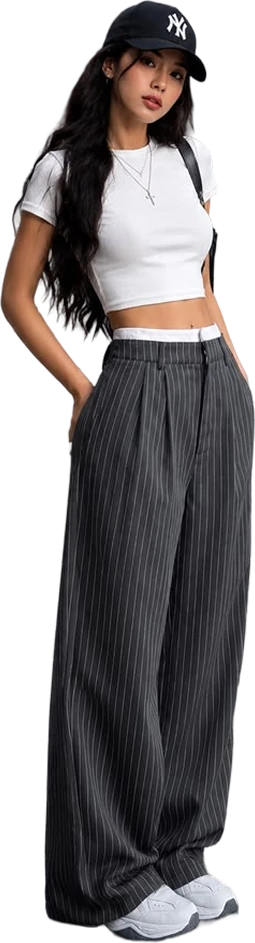 A cap, white tee and pinstripe wide-leg trousers