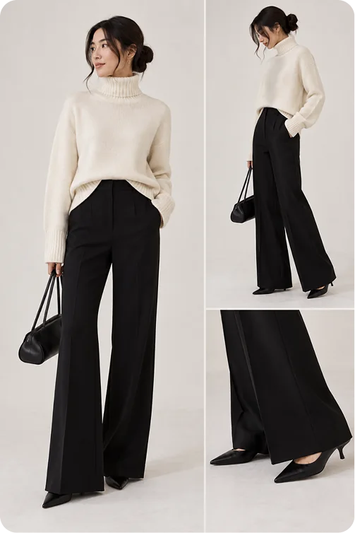 Three views of a cream turtleneck jumper with black wide-leg trousers, a small black top-handle bag and black pointed heels