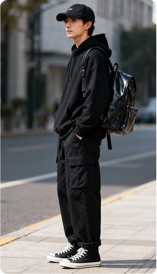 A man on the street in a black cap, black hoodie and black cargo trousers, with a black backpack and black high-top trainers