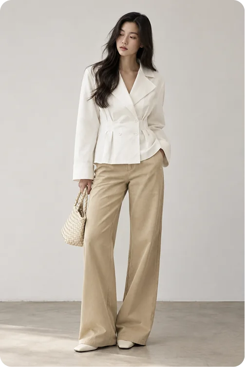 A woman in a cream wrap blazer with beige wide-leg trousers, a woven top-handle bag and white heels