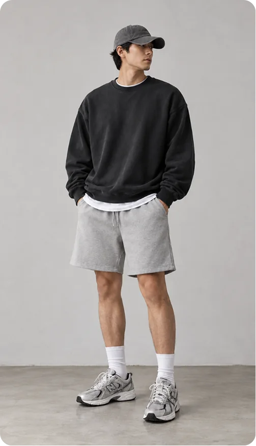 A man in a charcoal sweatshirt over a white tee with grey sweat shorts, white socks and grey running trainers