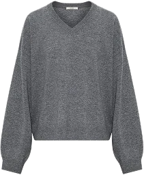 A grey V-neck knitted sweater, laid flat