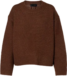 A chocolate-brown crewneck knitted sweater, laid flat