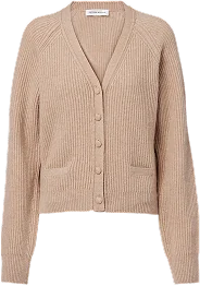 A beige ribbed V-neck cardigan, laid flat