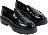 A pair of black patent chunky-sole loafers
